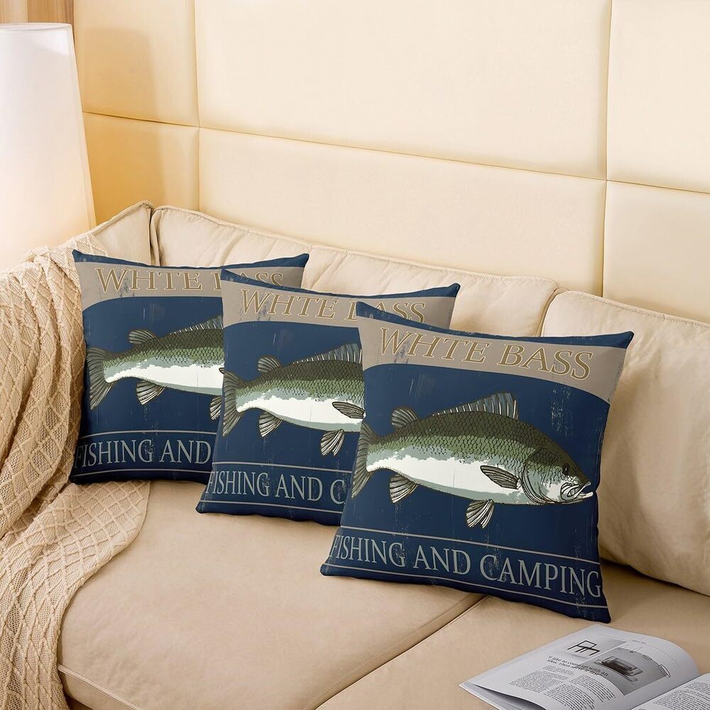 7460 Bass Fish Throw Pillow Covers 16"x16" Set of 2 Fisherman Fishing
